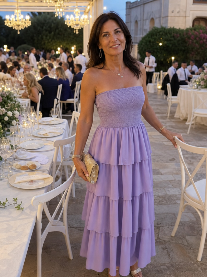The Gemma – Women's Strapless Wedding Guest Midi Dress | Huna