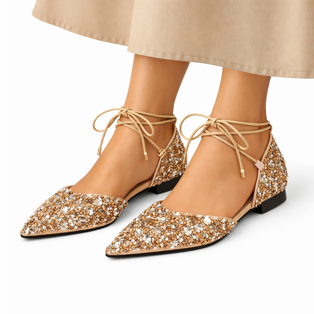 Gold Wedding Shoes for Bride Lace-Up Crystal Embellished Flat Sole