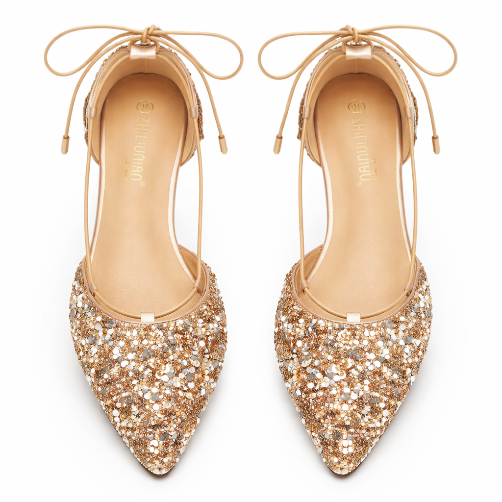 Gold Wedding Shoes for Bride Lace-Up Crystal Embellished Flat Sole
