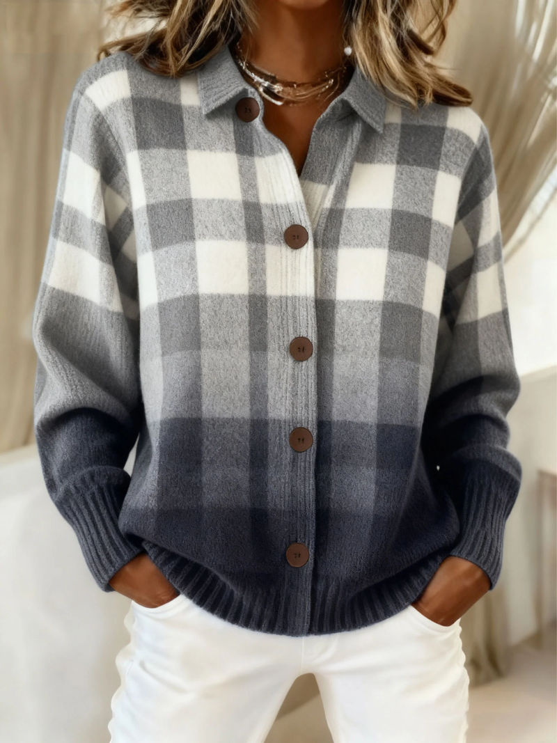 Women's Ombre Plaid Button Cardigan UK – Gray | The Isadora | Huna