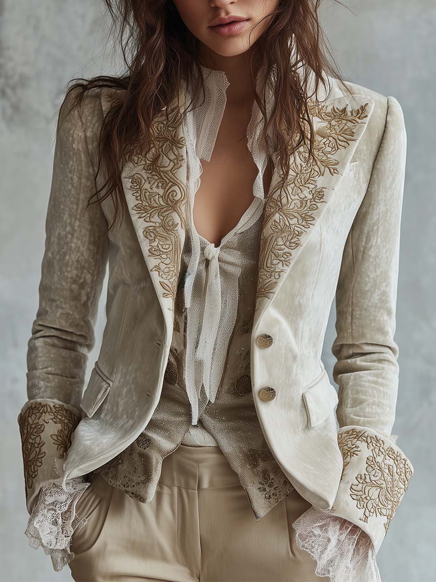 Women's Velvet Blazer UK – Ivory Embroidered Lace Cuffs | The Seraphina | Huna