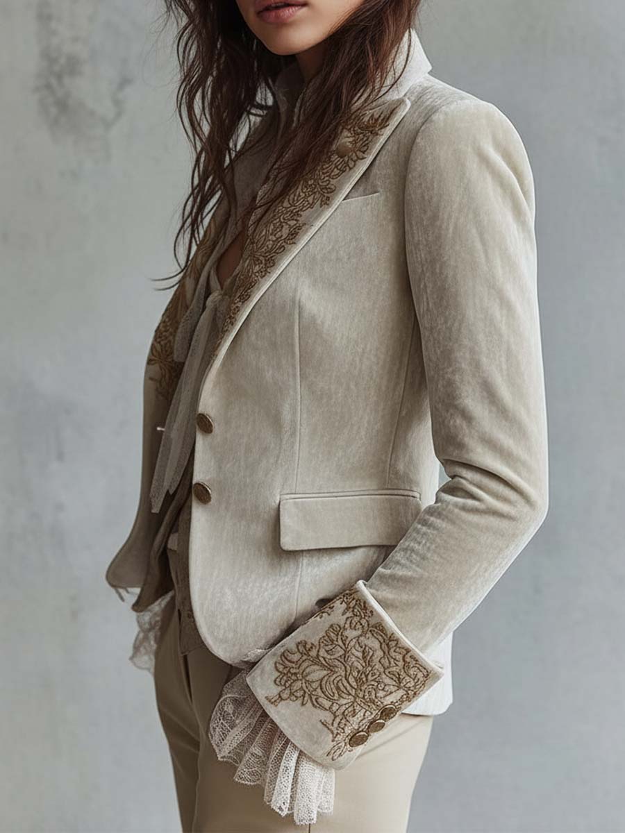 Women's Velvet Blazer UK – Ivory Embroidered Lace Cuffs | The Seraphina | Huna