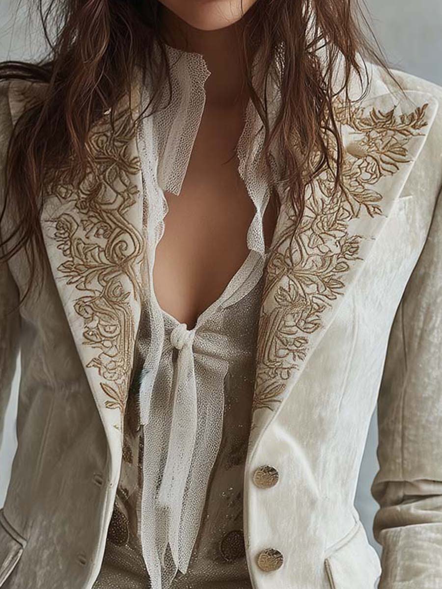 Women's Velvet Blazer UK – Ivory Embroidered Lace Cuffs | The Seraphina | Huna
