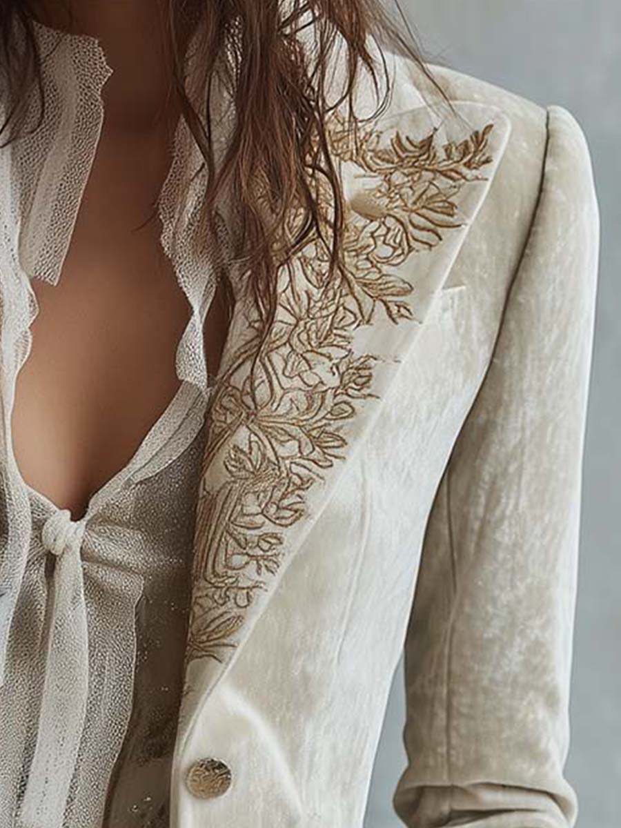 Women's Velvet Blazer UK – Ivory Embroidered Lace Cuffs | The Seraphina | Huna