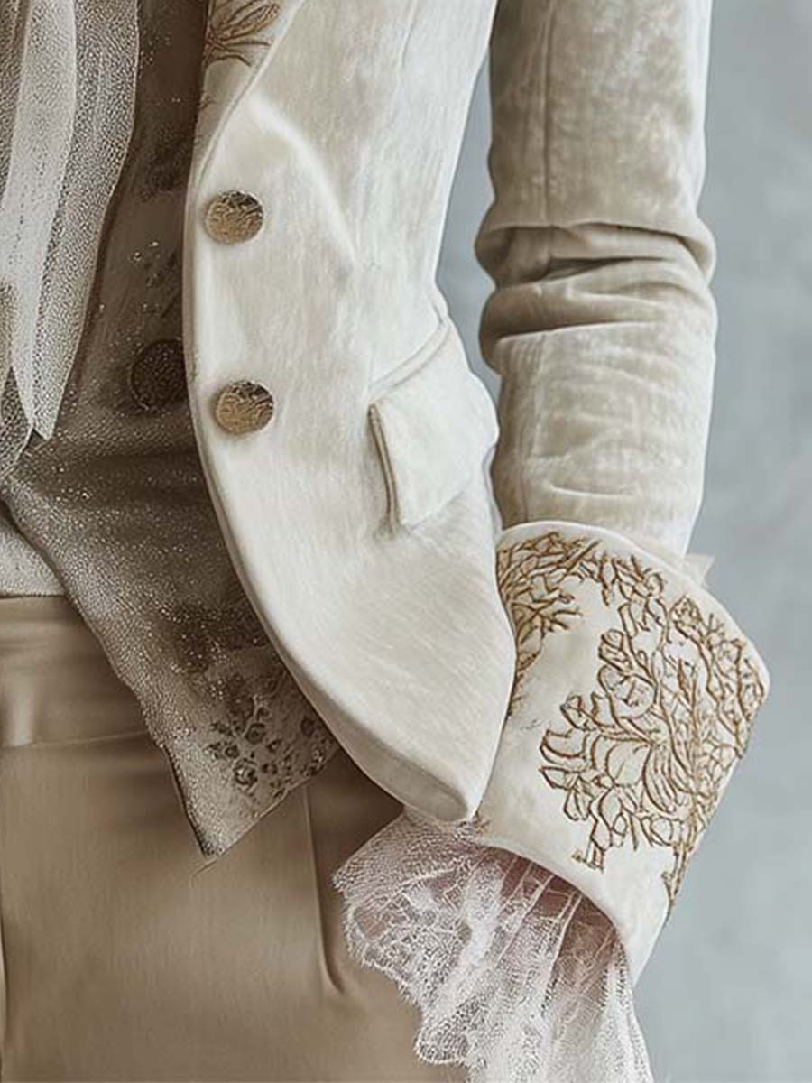 Women's Velvet Blazer UK – Ivory Embroidered Lace Cuffs | The Seraphina | Huna
