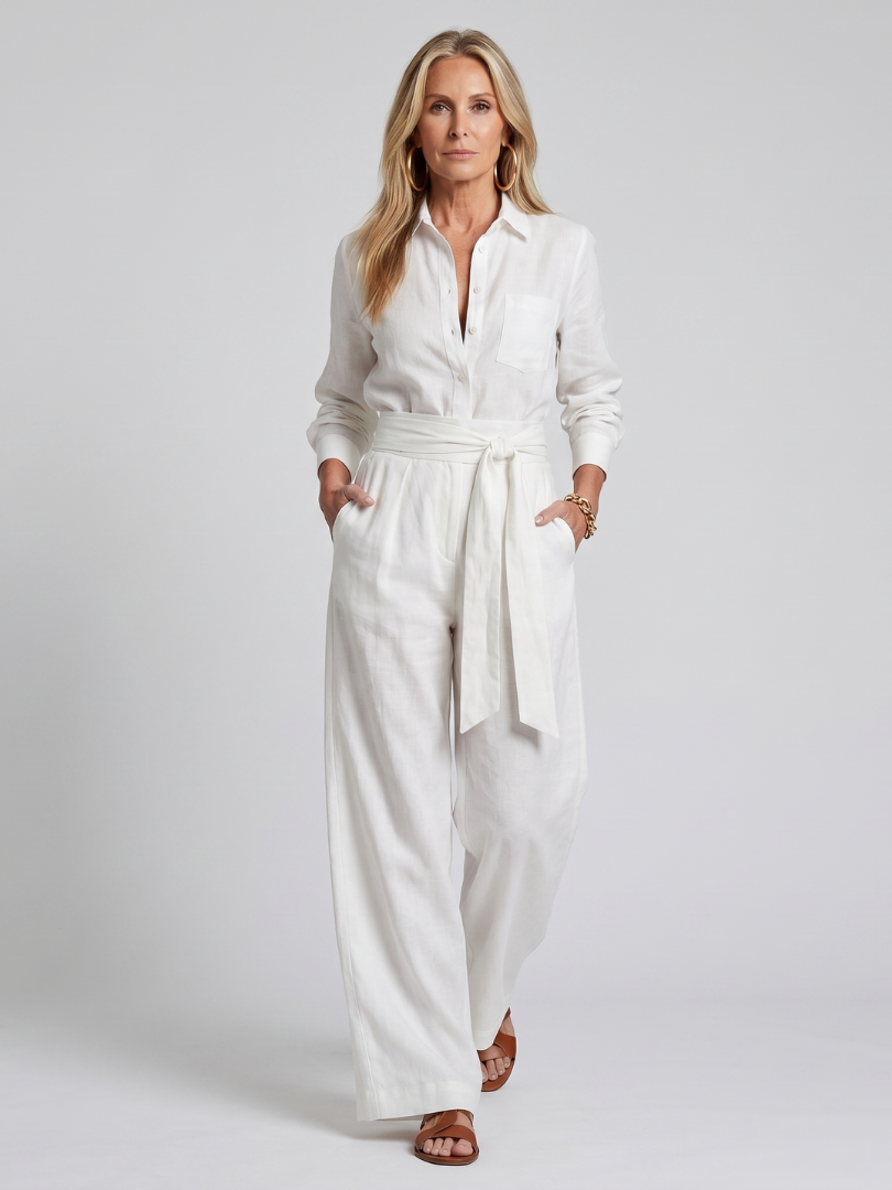 Women's Wide Leg Jumpsuit – Long Sleeve Button Front | The Jovie | Huna