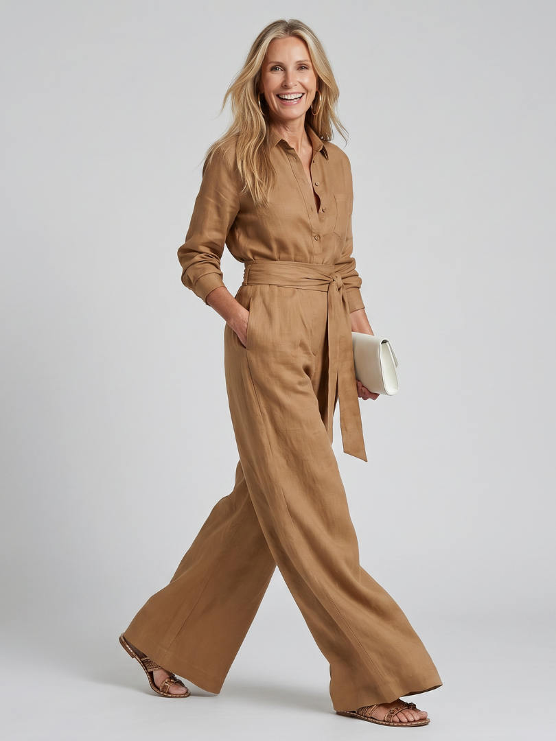 Women's Wide Leg Jumpsuit – Long Sleeve Button Front | The Jovie | Huna