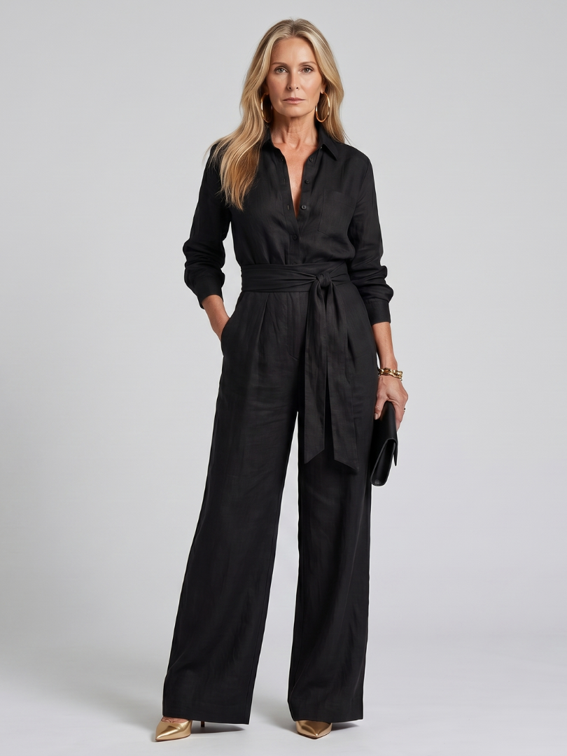 Women's Wide Leg Jumpsuit – Long Sleeve Button Front | The Jovie | Huna