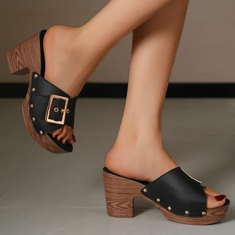 Women's Slip On Sandals – Gold Buckle Detail | The Julie | Huna