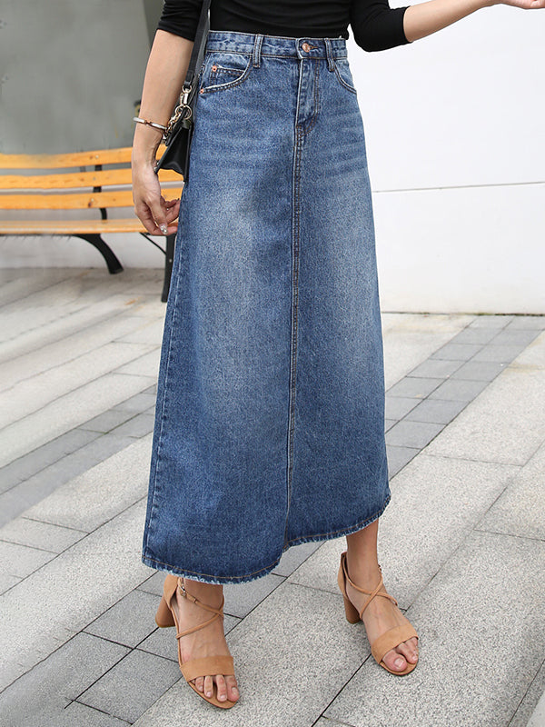 Women's Denim Maxi Skirt UK – high waist a-line, view 1