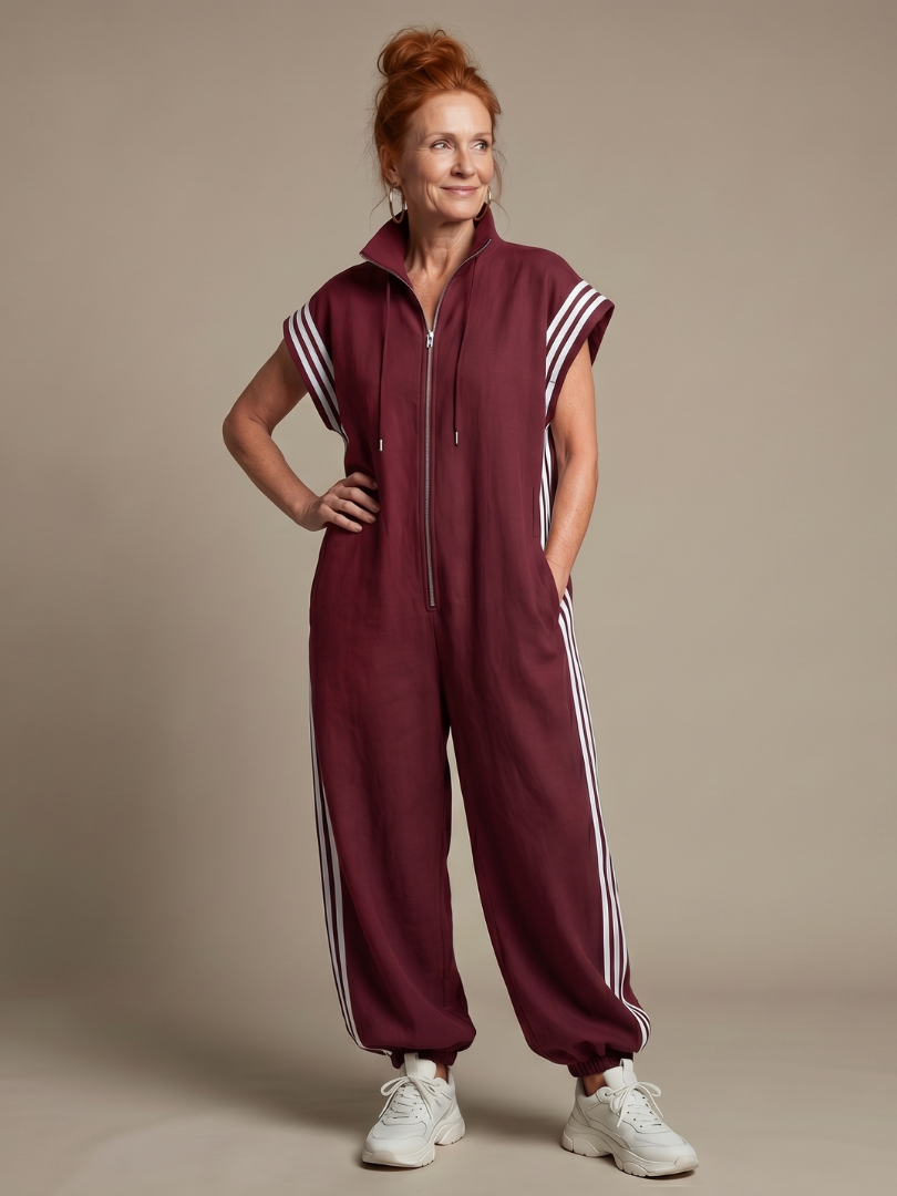 Women's Wide Leg Jumpsuit – Zip Front Stripe Panel | The Lark | Huna