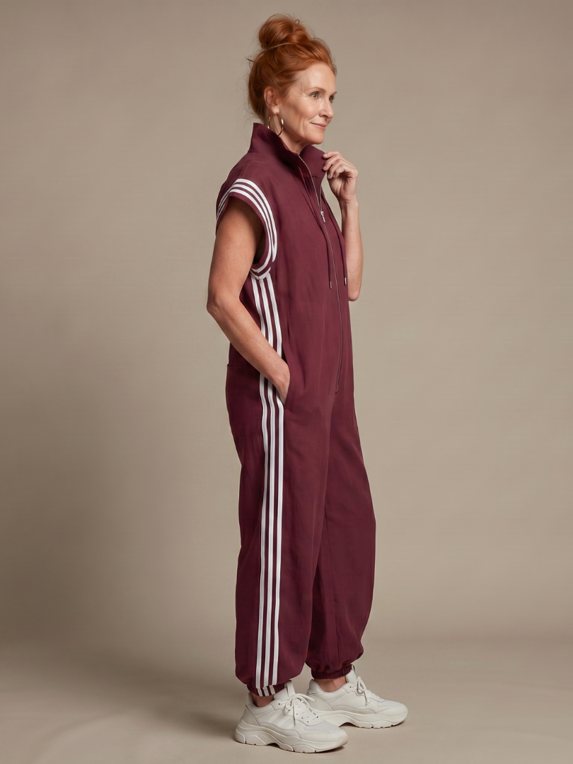 Women's Wide Leg Jumpsuit – Zip Front Stripe Panel | The Lark | Huna