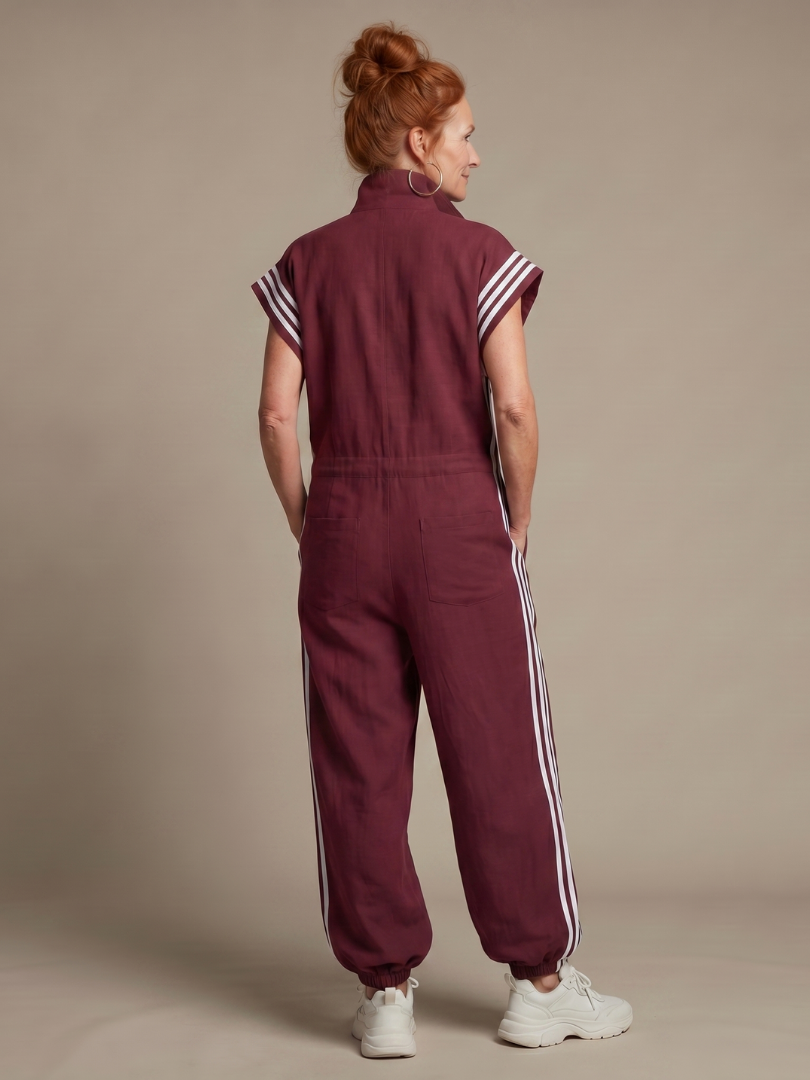 Women's Wide Leg Jumpsuit – Zip Front Stripe Panel | The Lark | Huna