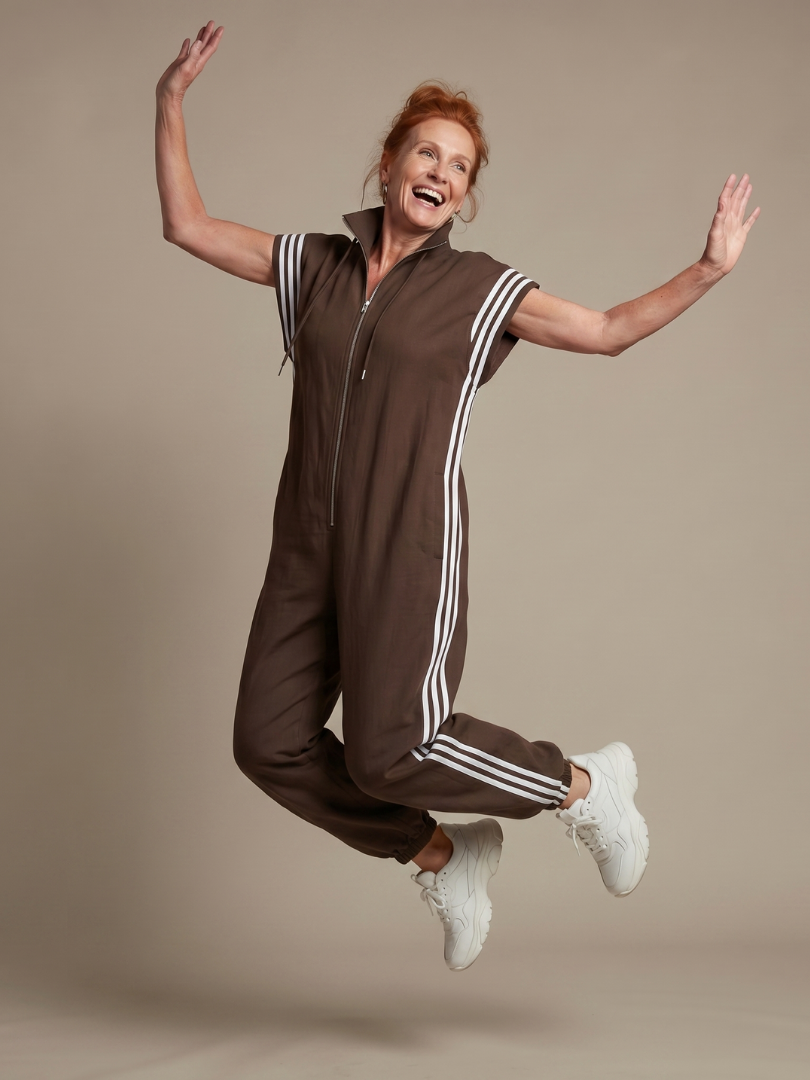 Women's Wide Leg Jumpsuit – Zip Front Stripe Panel | The Lark | Huna