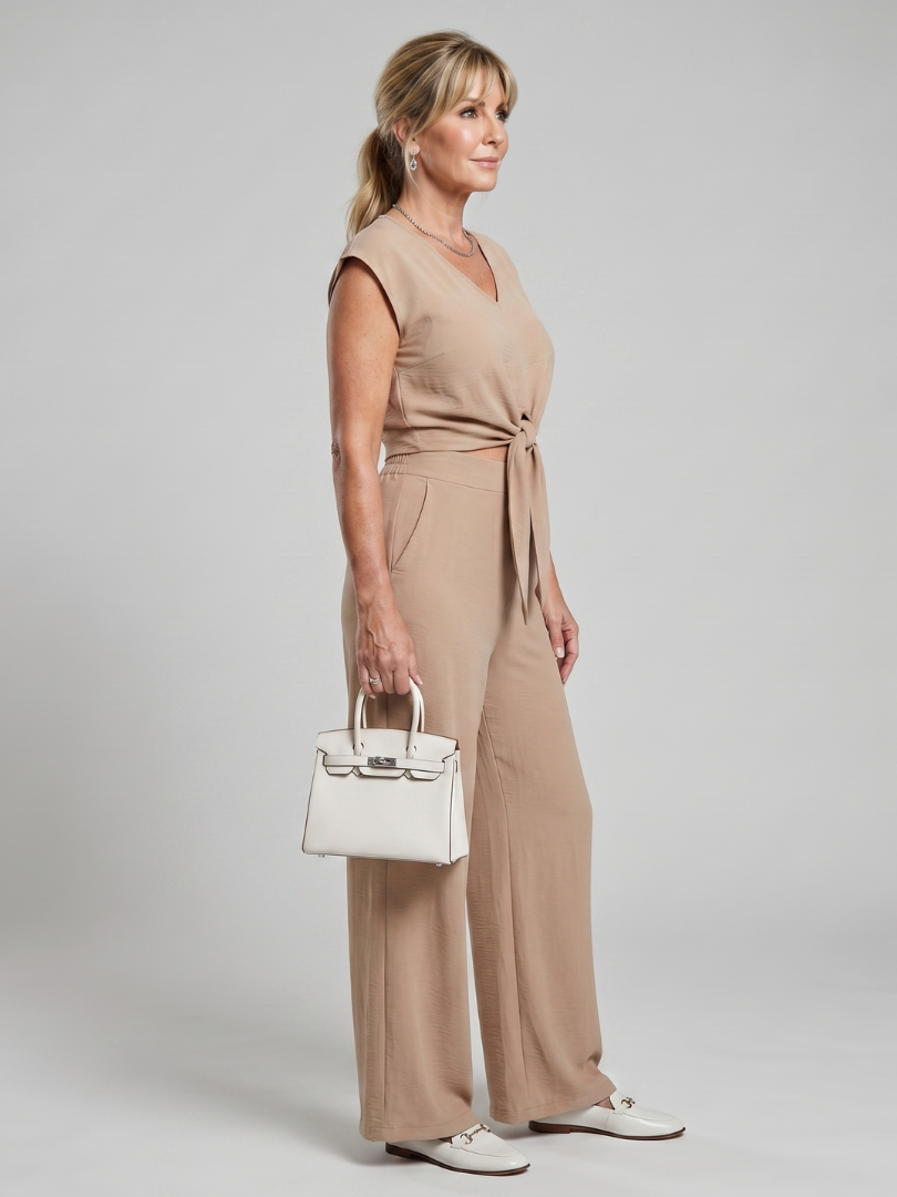 Women's V Neck Tie-Waist Top & Wide Leg Pants Set – Co-ord | The Leonora | Huna