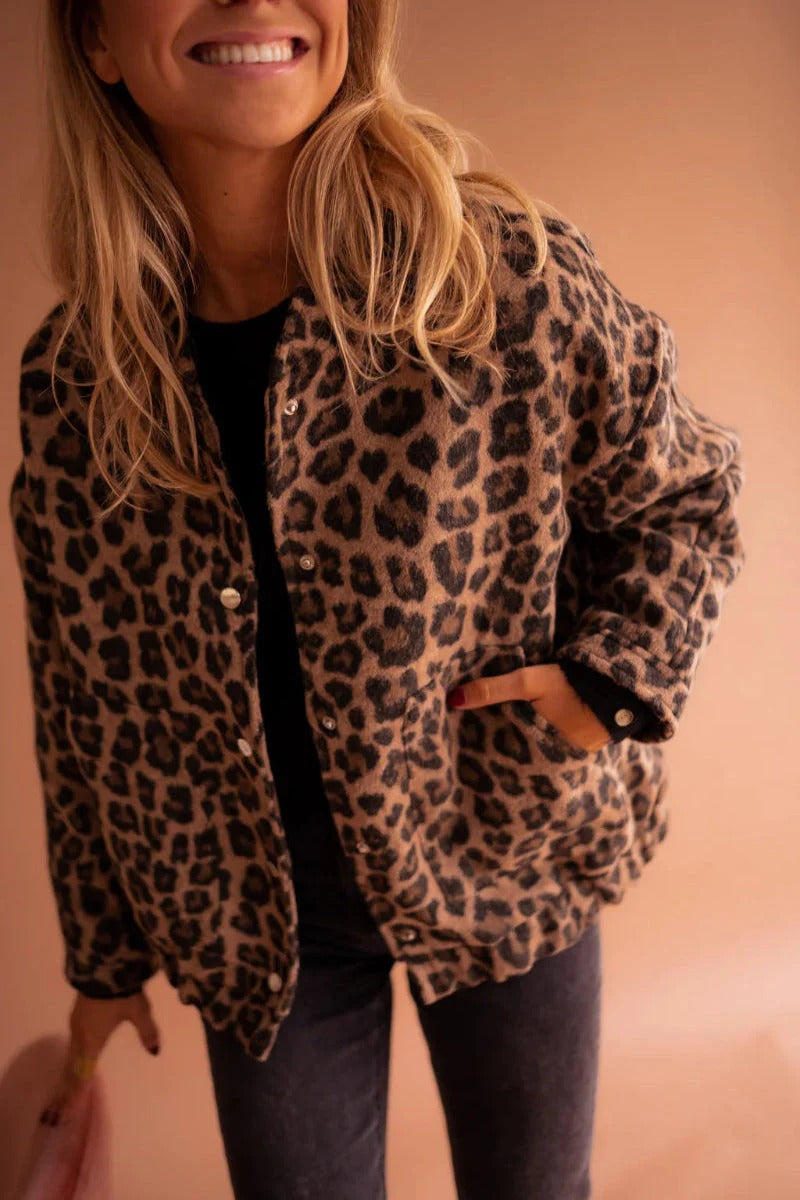 Women's Leopard Print Bomber Jacket UK – Snap-Button Front | The Verona | Huna
