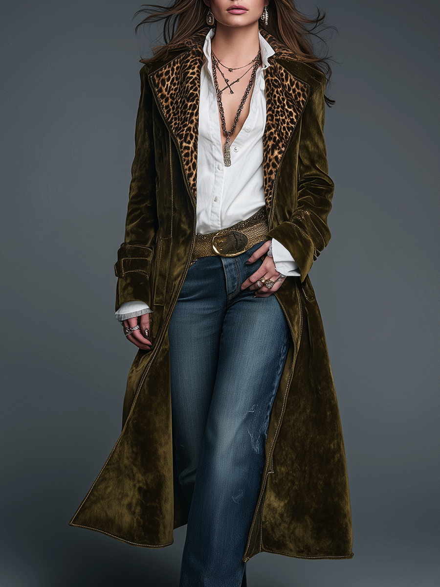 Women's Velvet Long Coat UK – Leopard Lapel | The Rhea | Huna