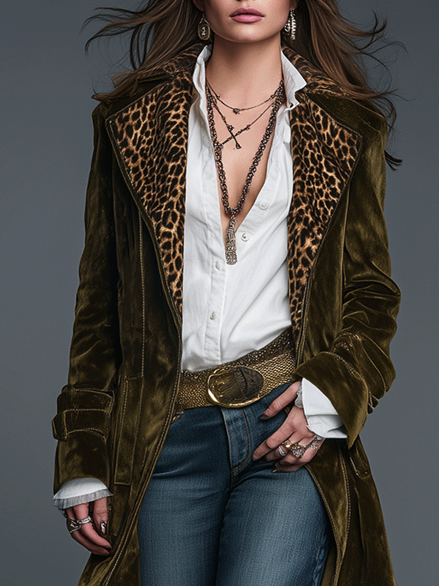 Women's Velvet Long Coat UK – Leopard Lapel | The Rhea | Huna
