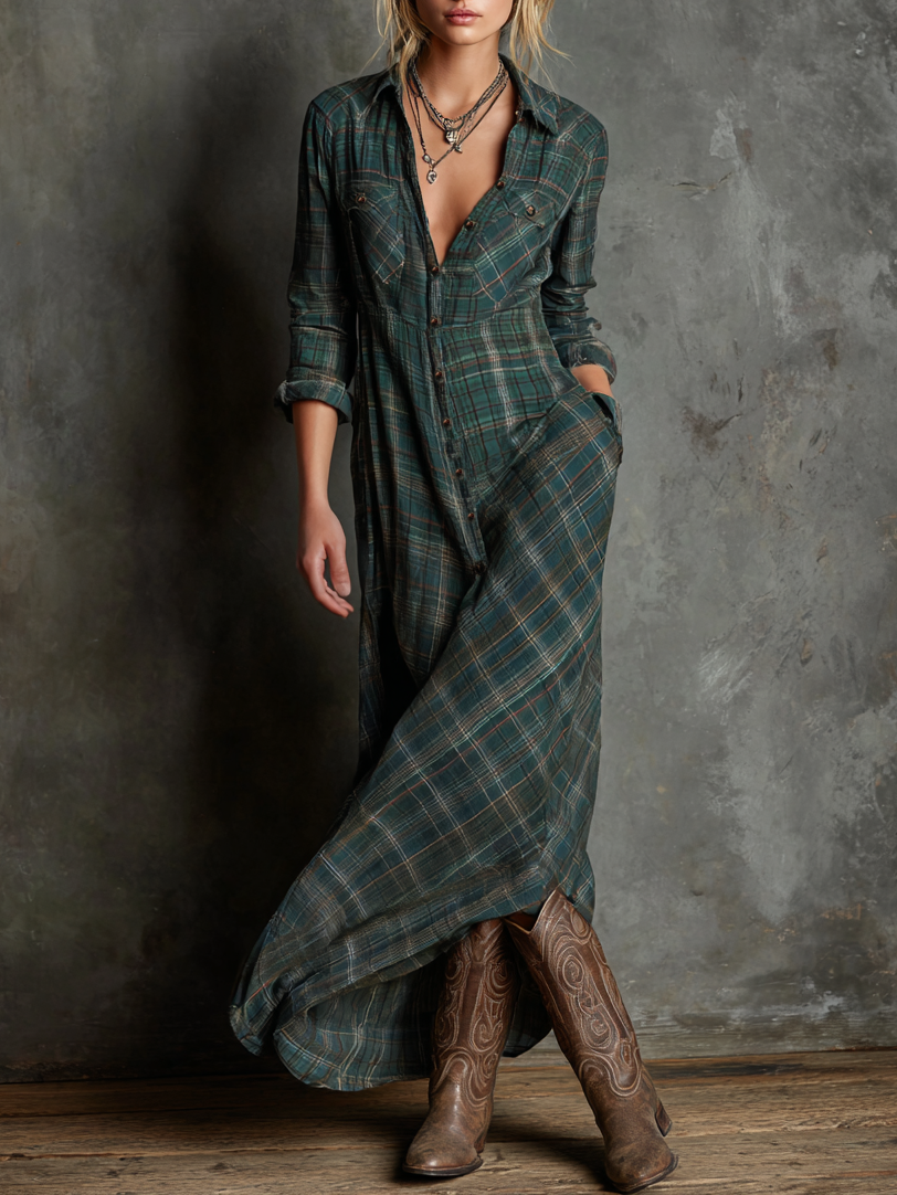 The Bronte – Women's Plaid Long Sleeve Shirt Maxi Dress | Huna