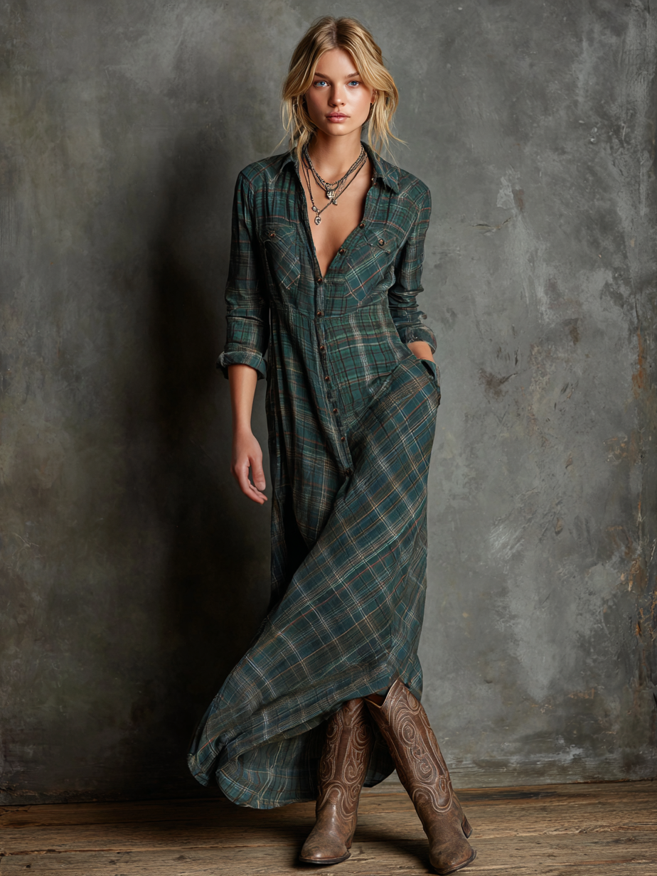 The Bronte – Women's Plaid Long Sleeve Shirt Maxi Dress | Huna
