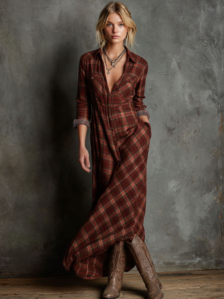 The Bronte – Women's Plaid Long Sleeve Shirt Maxi Dress | Huna