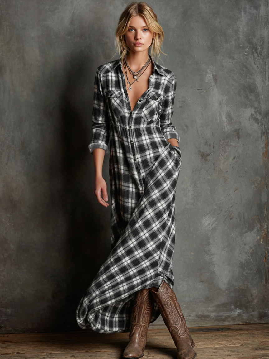 The Bronte – Women's Plaid Long Sleeve Shirt Maxi Dress | Huna