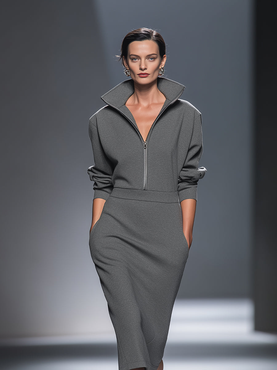 The Delphine – Women's Half-Zip Long Sleeve Midi Dress | Huna
