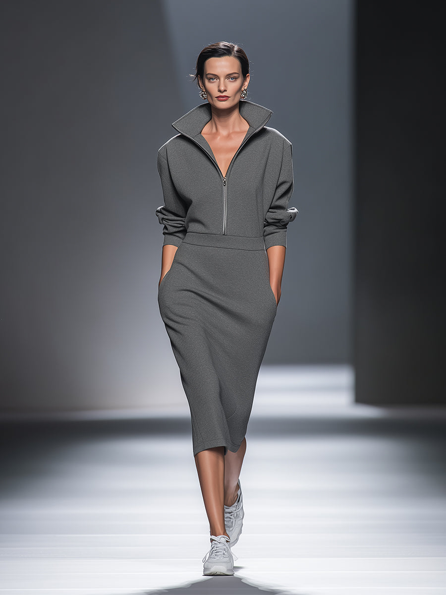The Delphine – Women's Half-Zip Long Sleeve Midi Dress | Huna