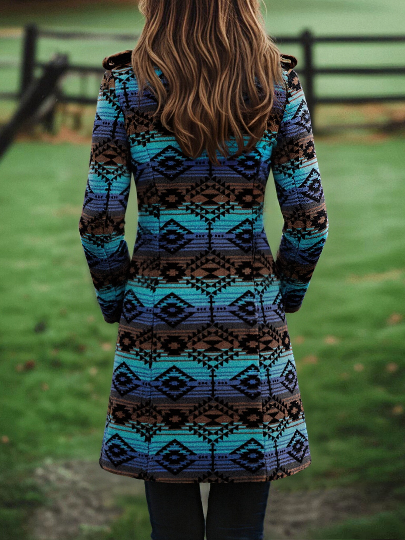 Women's Wool Coat UK – Longline Tribal Print | The Marlowe | Huna