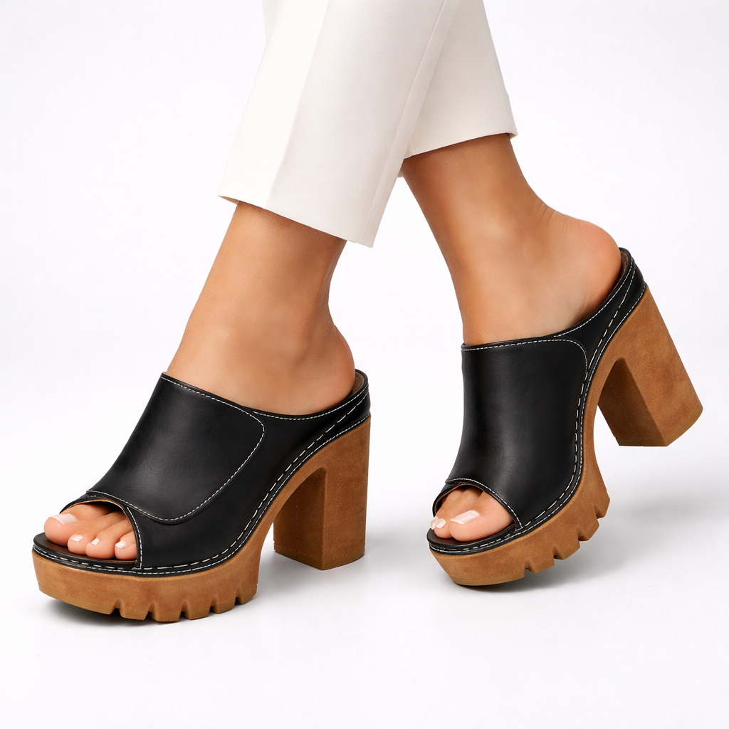 Women's Platform Block Heel Mules – Leather | The Louise | Huna