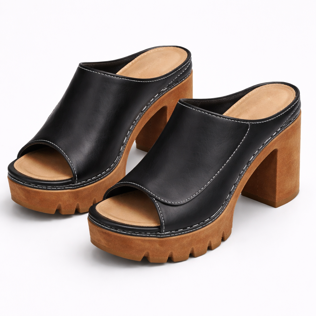 Women's Platform Block Heel Mules – Leather | The Louise | Huna