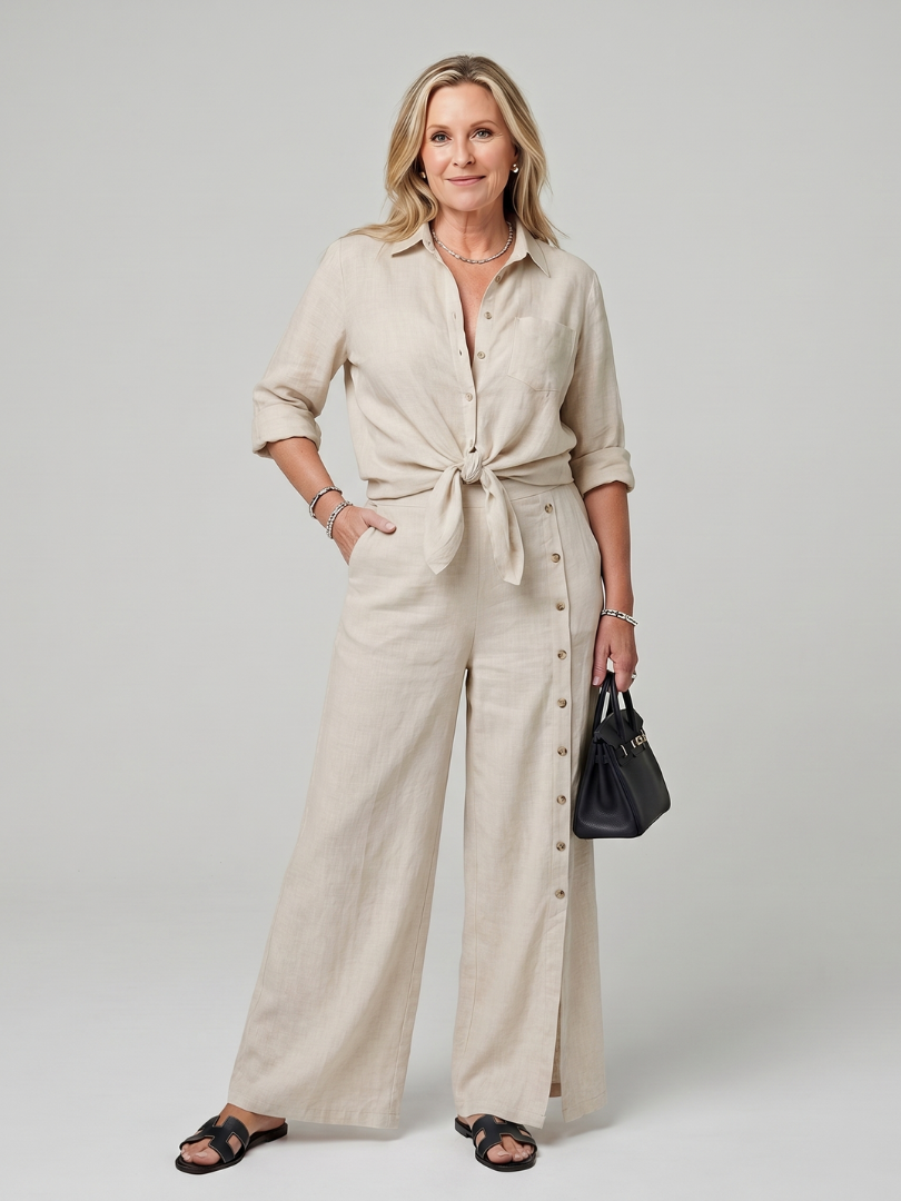 Women's Tie Front Top & Wide Leg Pants Set – Co-ord | The Maddelina | Huna