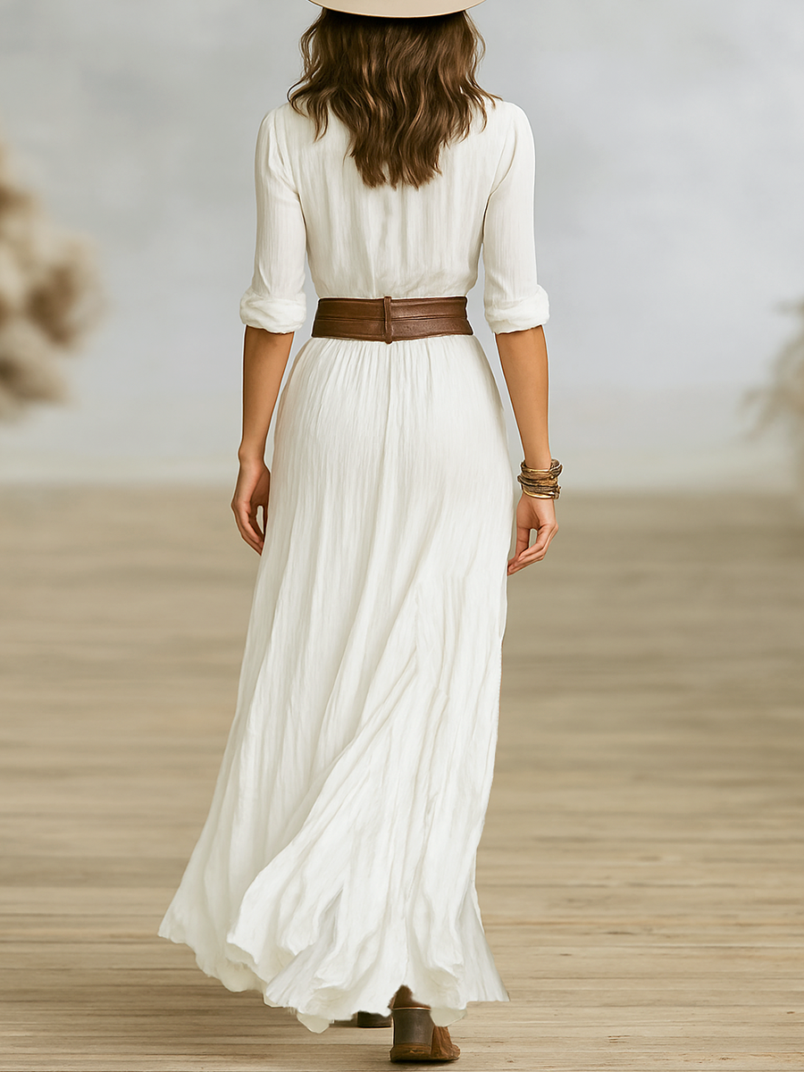The Rosamund – Women's Pleated Lapel Long Sleeve Maxi Dress | Huna