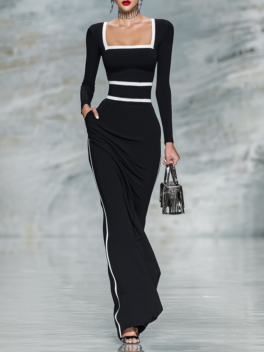 The Marguerite – Women's Square Neck Long Sleeve Bodycon Maxi Dress | Huna