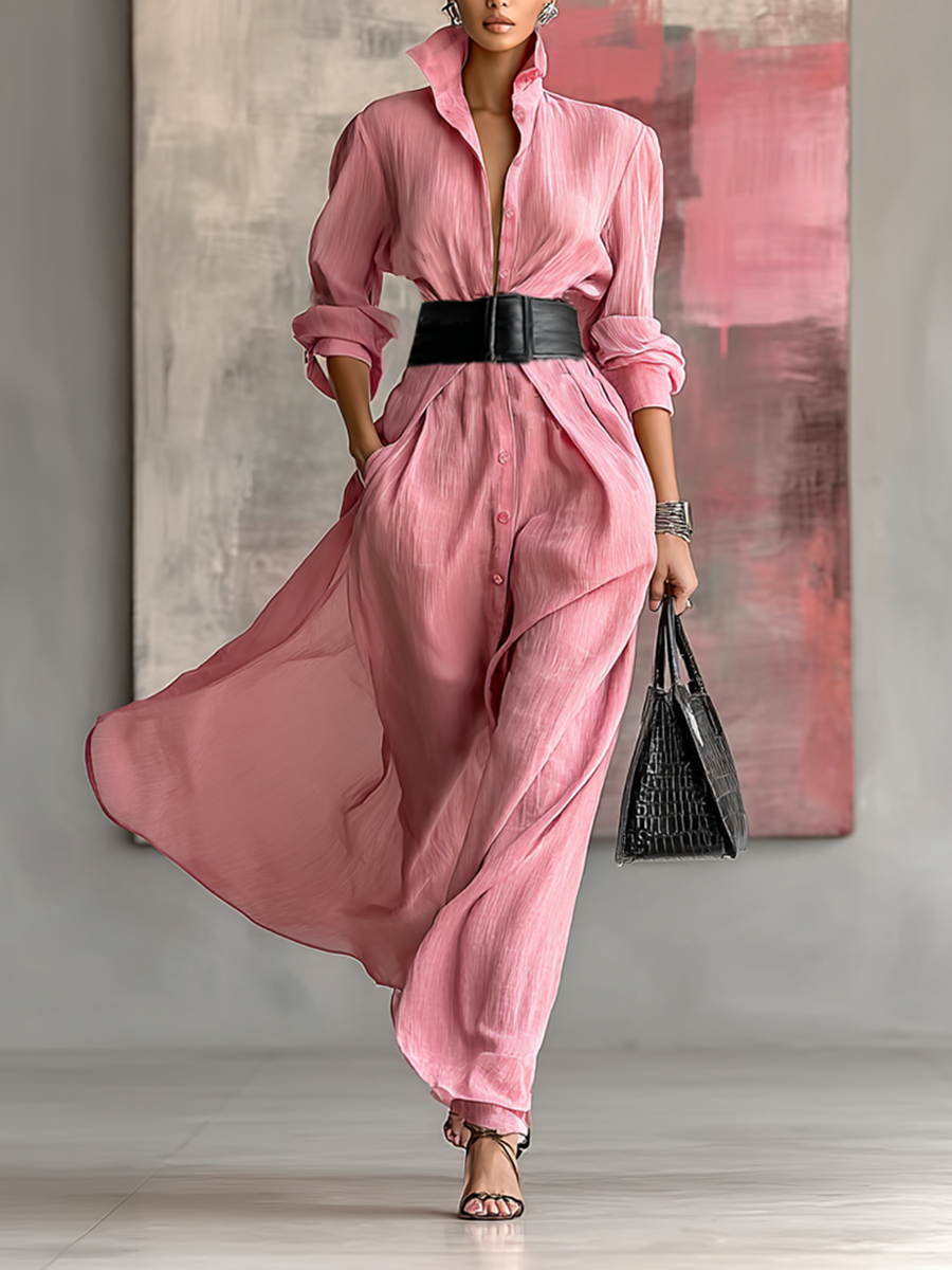 The Constance – Women's Shirt Style Belted Long Sleeve Maxi Dress | Huna