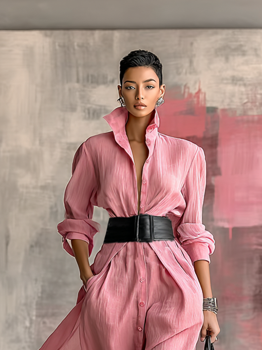 The Constance – Women's Shirt Style Belted Long Sleeve Maxi Dress | Huna
