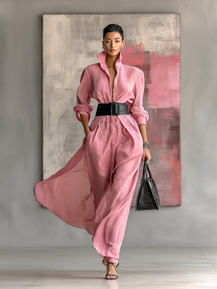 The Constance – Women's Shirt Style Belted Long Sleeve Maxi Dress | Huna