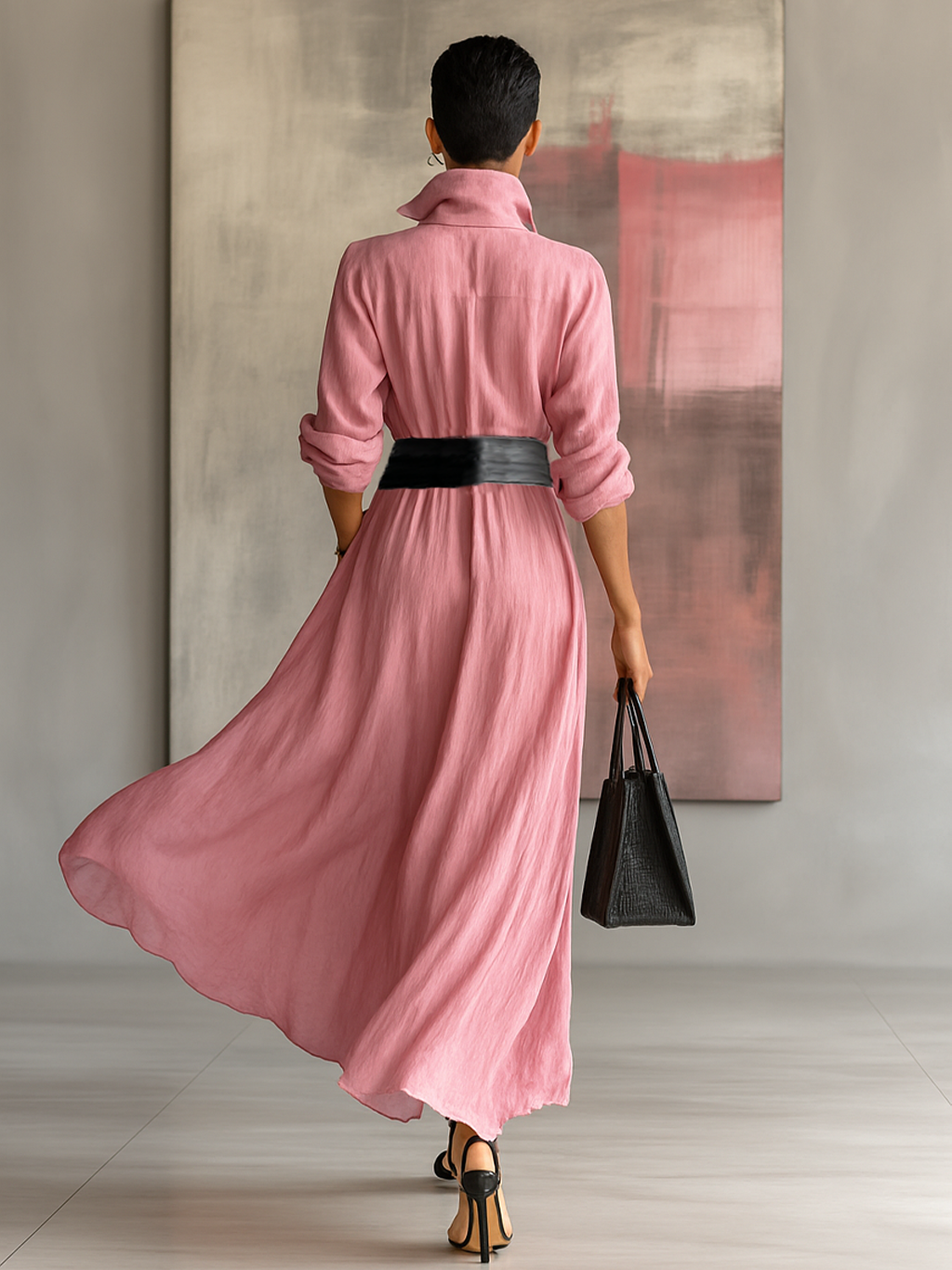 The Constance – Women's Shirt Style Belted Long Sleeve Maxi Dress | Huna