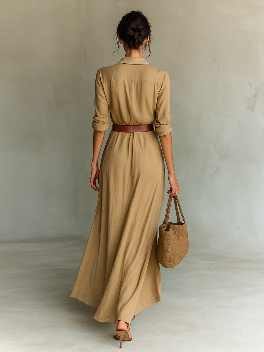 The Isadora – Women's Cotton Tencel Belted Long Sleeve Maxi Dress | Huna