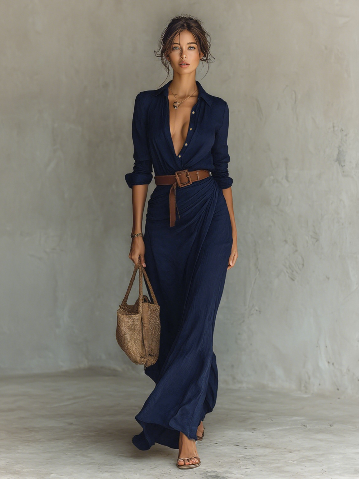 The Isadora – Women's Cotton Tencel Belted Long Sleeve Maxi Dress | Huna