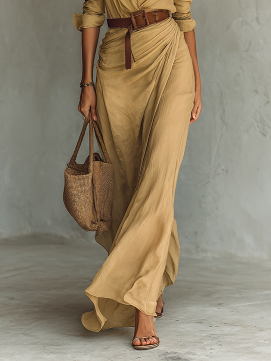 The Isadora – Women's Cotton Tencel Belted Long Sleeve Maxi Dress | Huna