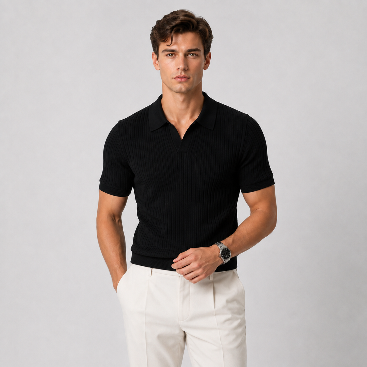 Men's knitted polo shirt – The Callum by Huna – product view 9