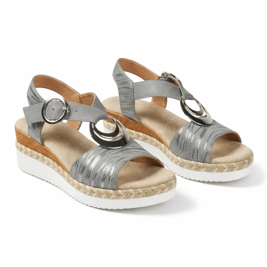 Metallic Wedge Sandals Silver Synthetic with Adjustable Ankle Strap for Women
