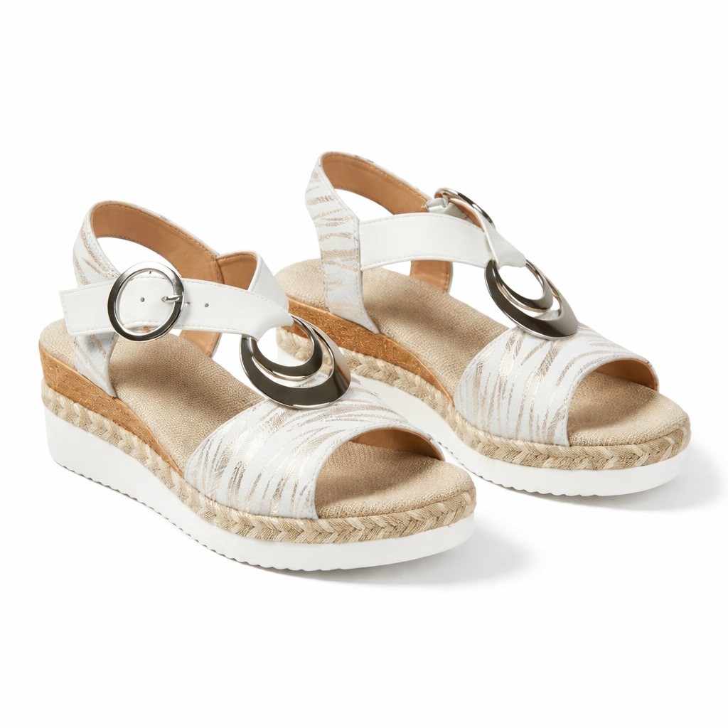 Metallic Wedge Sandals Silver Synthetic with Adjustable Ankle Strap for Women