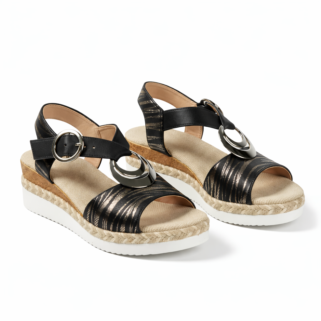 Metallic Wedge Sandals Silver Synthetic with Adjustable Ankle Strap for Women