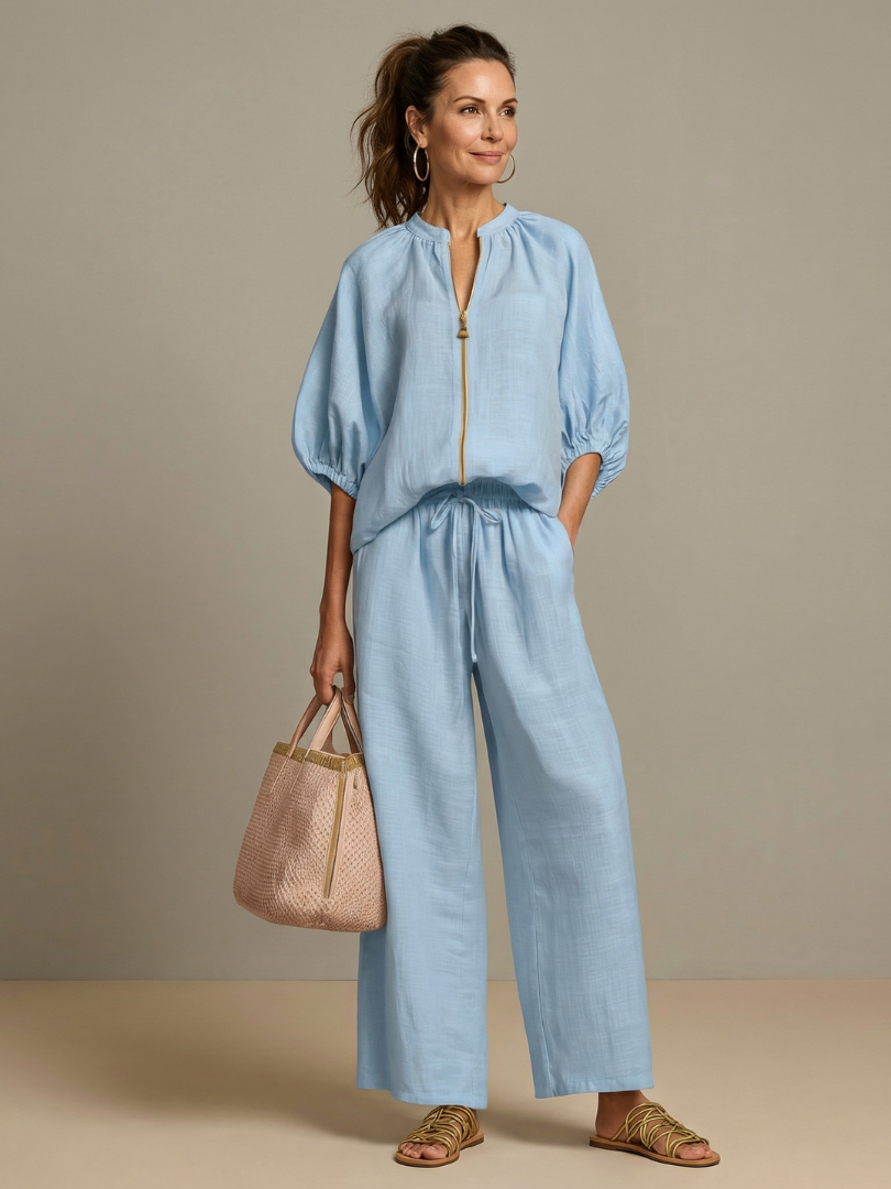 Women's Two Piece Set – Zip Front Blouson & Wide Leg | The Natalia | Huna