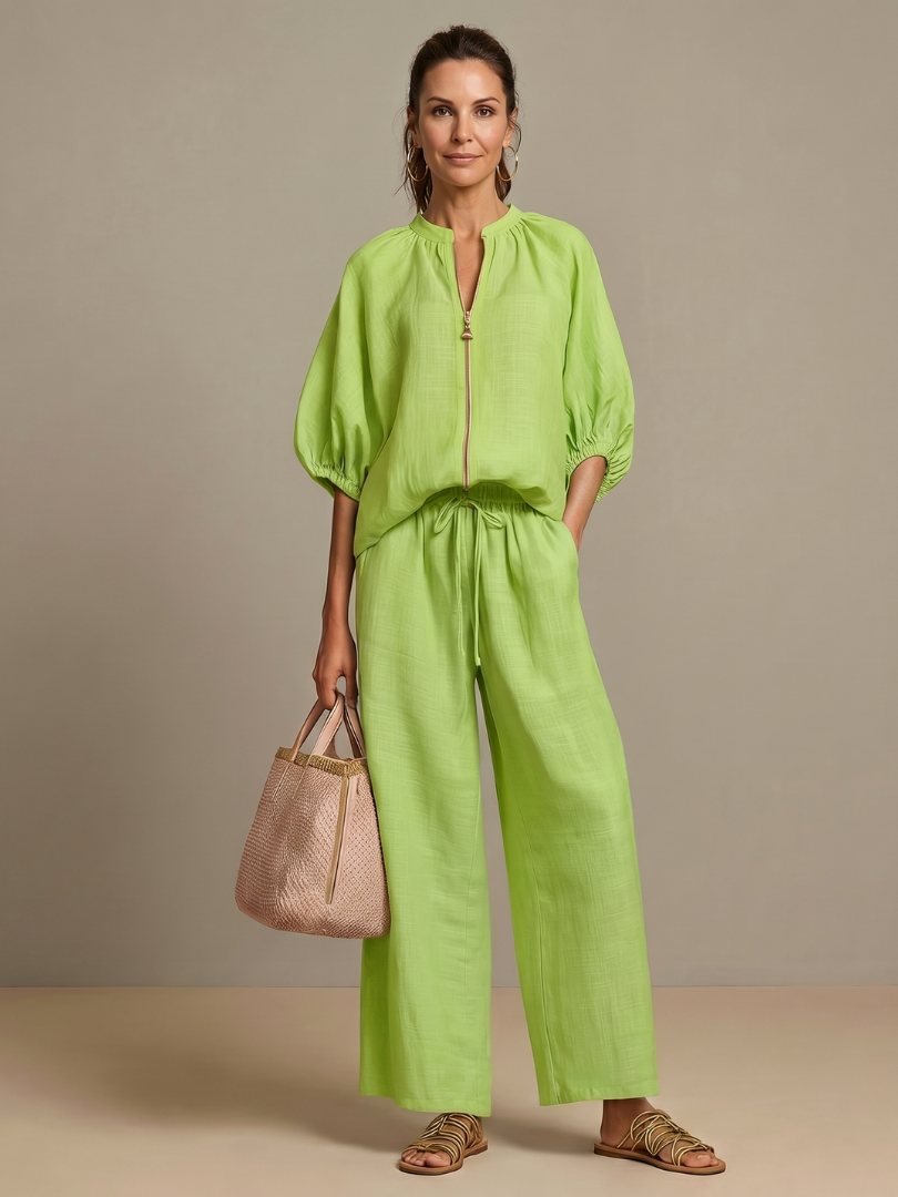 Women's Two Piece Set – Zip Front Blouson & Wide Leg | The Natalia | Huna