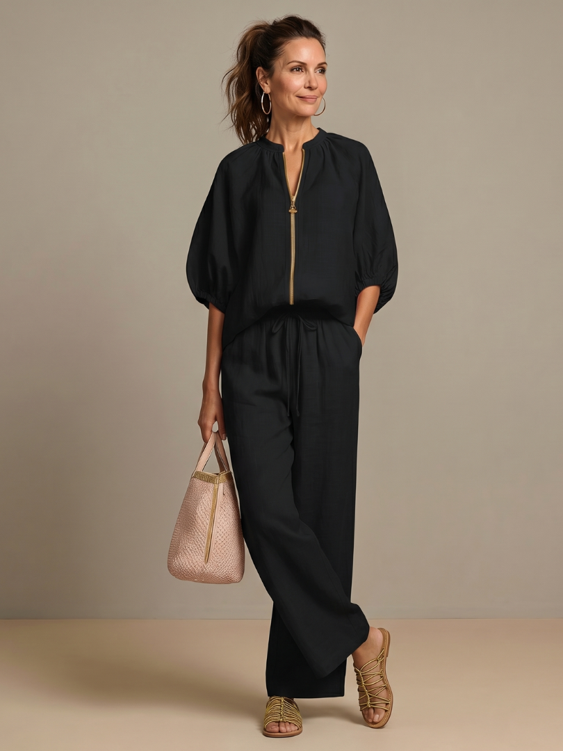 Women's Two Piece Set – Zip Front Blouson & Wide Leg | The Natalia | Huna