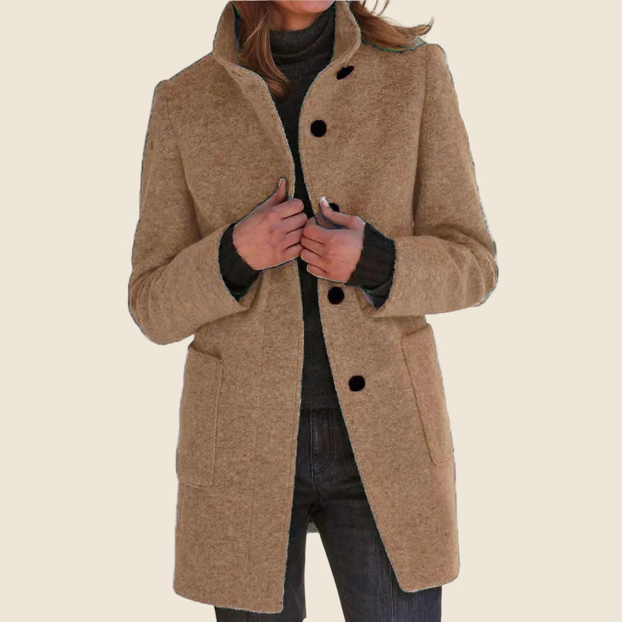 Women's Stand Collar Coat UK – patch pocket mid-length, view 11