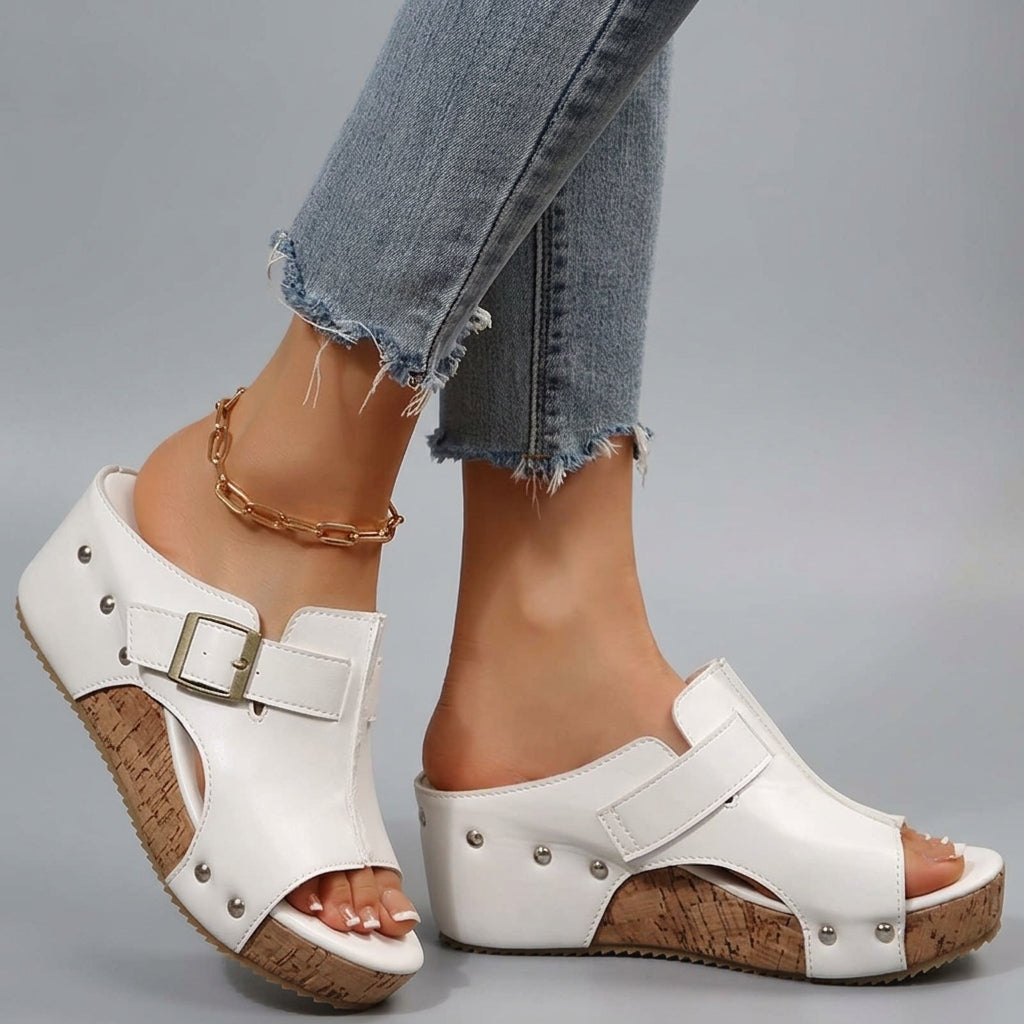Women's Cork Wedge Platform Sandals – Gold Buckle | The Olivia | Huna